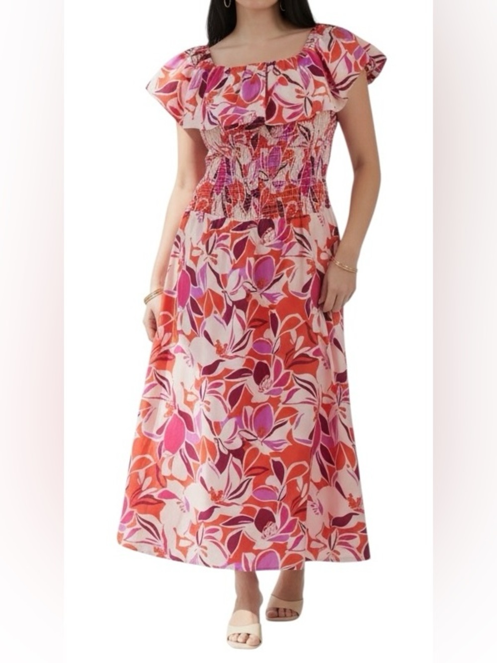June + Vie Smocked Bubble Dress Womens Size M 14/16 Midi Pink Orange Floral